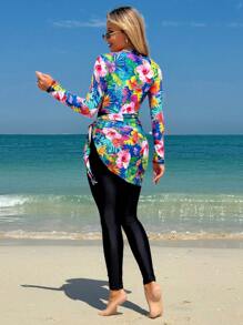 SHEIN Swim 2PCS Summer Tropical Leopard Print Random Pattern Long Sleeve Swimsuit And Printed Beach Skirt Burkini Set - Multicolor - View 2