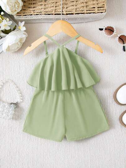 SHEIN Tutina casual con volant e spalline per bimba, di colore verde