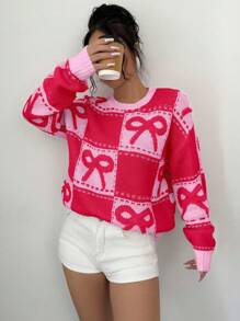 Chiquease Suéter de punto con cuello redondo, parches a cuadros y lazo 3D lindo - Multicolor - Ver 4