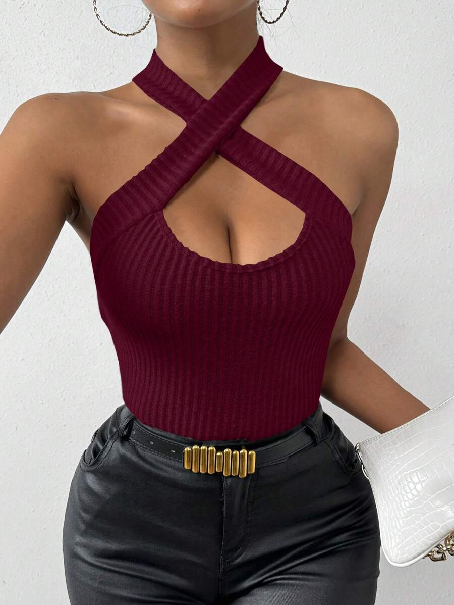 Chiquease 女士纯色罗纹交叉吊带背心