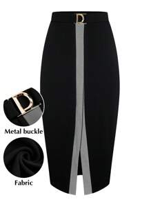 SHEIN Clasi Plus Size Fashion Color Block Splice Open Slit Skirt For Commuting - Multicolor - View 1