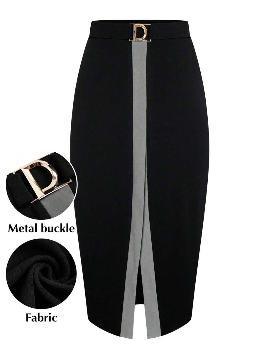 SHEIN Clasi Plus Size Fashion Color Block Splice Open Slit Skirt For Commuting - Multicolor - View 1