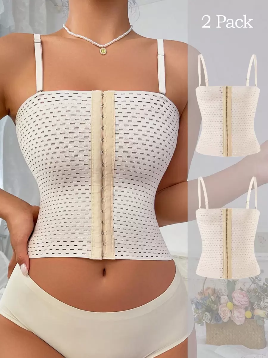 2pcs Women Front Snap Closure Camisole Shapewear Tops - Apricot - View 1