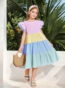 SHEIN Tween Girls Woven Macaron Colorful Striped Color Block Ruffle Hem Cap Sleeve Relaxed Dress, Suitable For Spring Vacation, Spring/Summer, Back To School