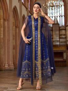 Al Najma 女士网眼长袍连衣裙和阿拉伯风格服装套装 - 藍色 - 查看 6