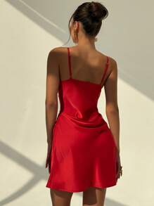 Aloruh Vestido corto sin mangas con escote en V profundo en unicolor para mujer - Rojo - Ver 2