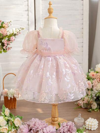 SHEIN Glamorique Kids 女婴薄纱刺绣蝴蝶结泡泡袖公主裙