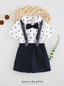 Cozy Pixies Set de 2 piezas para niño bebé que incluye corbata de moño, blusa de manga corta con cuello y pantalones cortos tipo babero. Adecuado para fiestas de cumpleaños, bautizos, 1er cumpleaños, galas, actuaciones, bodas, baby showers y otras ocasiones