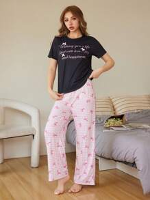 SHEIN 2 件套复古字母设计蝴蝶结装饰圆领 T 恤和格子蝴蝶印花宽松长裤睡衣套装适合青少年女孩 - 黑色 - 查看 3