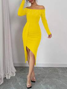 Elenzga Women's Open Shoulder Long Sleeve Ruched High Slit Pearl Design Bodycon Dress For New Year Clothes - Yellow - View 5