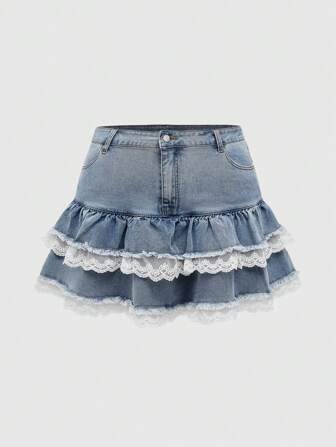 Kawaii Jupe mini en jean à patchwork avec bordure en dentelle, grande taille