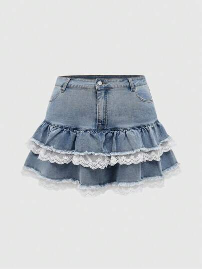 Kawaii Plus Size Layered Lace Trim Patchwork Denim Mini Skirt