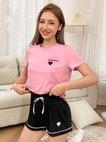 Dream Adore Set de pijama de 2 piezas con top tipo camiseta y shorts con diseño de corazón para mujer