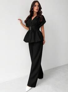 Firerie Nuevo conjunto de traje sastre elegante y sencillo para oficina con cárdigan de fibra de bambú color albaricoque de cuello en V con cintura ceñida y pantalón de pierna ancha de talle alto, conjunto de ropa de trabajo