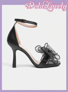 Dola Lovely Women's New Fashion Cute Lolita Bow Decor Pearls Silk Ribbon Wedding Party White Chunky High Heel Sandals - Black - View 7