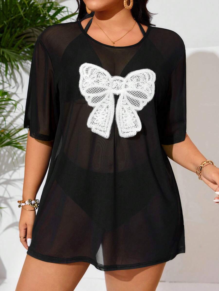 SHEIN Swim Curve Plus Size Women Butterfly Print Mesh V-Neck Short Sleeve Loose Beach Swimsuit Cover Up