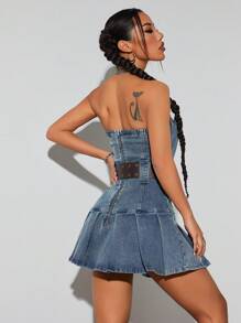SHEIN ICON 休闲女式牛仔露肩褶边时尚连衣裙 - 淺色水洗藍 - 查看 2