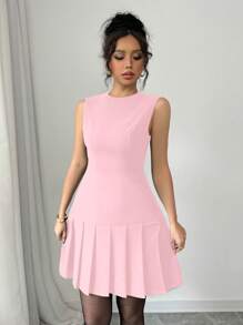 Elenzga 女士休闲无袖优雅纯色荷叶边下摆修身迷你连衣裙，适合生日、泡泡/圣诞派对、除夕、节日 - 黃色 - 查看 5