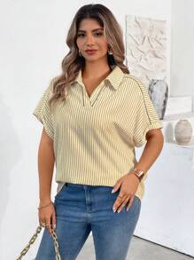 SHEIN LUNE Plus Size Striped Polo Collar Short Sleeve Blouse, Summer, St. Patrick's Day Rave, Festival Spring Break Boho - Multicolor - View 1