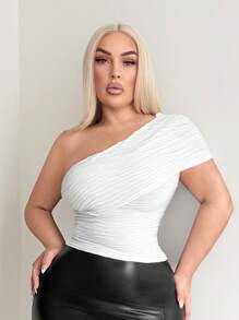 SHEIN SXY Plus Size Women One Shoulder Ruched Sides Ruched Textured Fabric Bodycon Top, Suitable For Everyday Wear, Date Night, Birthday, Bachelorette Party Outfit, Elegant, Casual, Shopping, Streetwear, Going Out, , Easy To Match & Looks Slim, Accentuate Your Body, Flatter The Figure