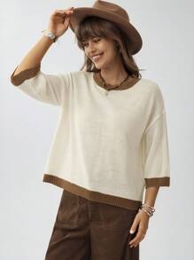 Wildy Vacation Woman Country Concert Women Contrast Trim Knitted Top, Minimalist & Fashionable - Beige - View 4