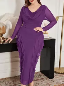 Modelyn Plus Size Elastic Net Fabric Off-Shoulder Ruffle Hem Tight Elegant Dress, Spring/Summer - Red Violet - View 1