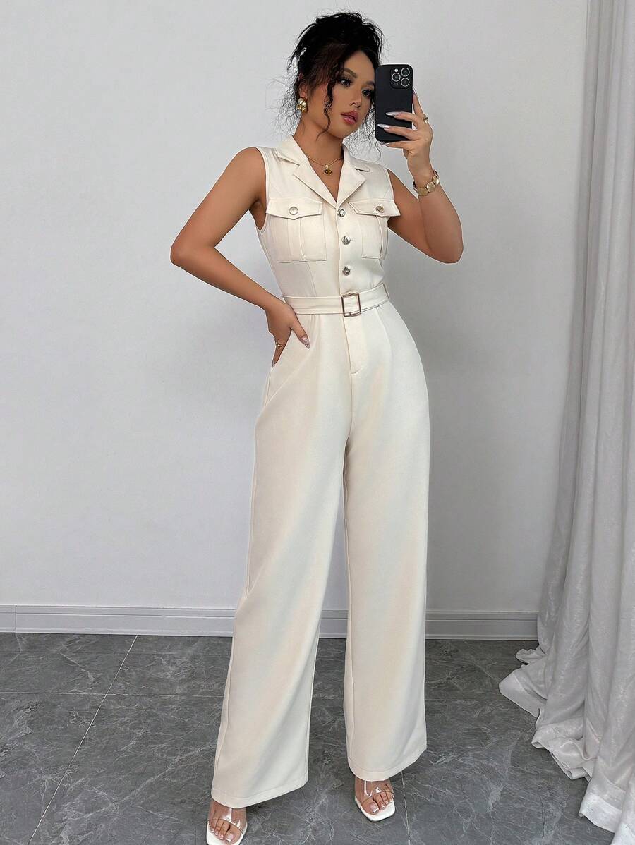 Elenzga 女式高端无袖连体裤，配有金属腰带、口袋、金色纽扣、翻领、腰部收褶、拉链长裤，优雅大方，春夏