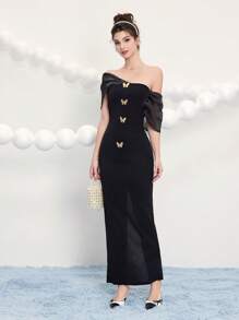 Poshira Women Black Knit Mixed Material Butterfly Gold Buttons Patchwork Metal Buckle Cocktail Dress, Wedding Guest Dress Music Festival Spring/Summer, Party Dress, Prom Dress - Black - View 6