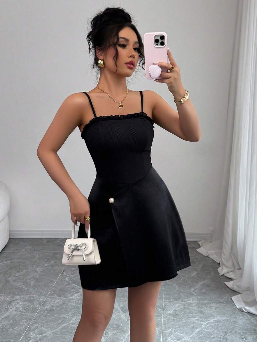 SHEIN Clasi Elegant & Graceful Women Holiday Casual Party Sleeveless Frill Trim Dress - Black - View 1