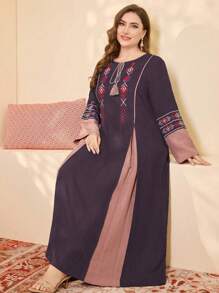 Al Najma Plus Size Women Embroidered Color Block Patchwork Round Neck Tasseled Decor Loose Fit Dress - Purple - View 1