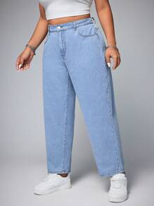 SHEIN EZwear Jeans casuales lavados de talle alto y corte entallado para tallas grandes
