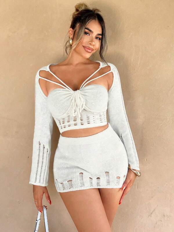 Zolique Set din două piese cu fustă de vestă legată cu fir de aur caise, o îmbrăcăminte casual și sexy de primăvară/vară pentru femei, care satisface nevoile de călătorie de bază