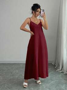 Rafferiza Adjustable Strap Loose White Long Cami Dress For Women Maxi Women Outfit - Burgundy - View 6