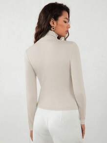 RueChic Solid Color Elastic Turtleneck Slim Fit Top Uniform - Beige - View 9