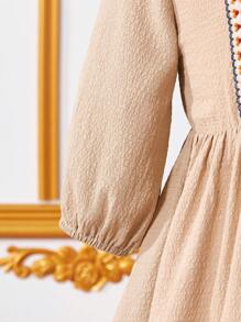 Young Girl Plant Print V-Neck Lantern Sleeve Ruffle Hem A-Line Dress - Apricot - View 4