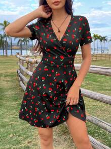 SHEIN EZwear Summer Holiday Cherry Print V-Neck A-Line Short Dress