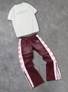 Manfinity Streetrush Pantalón de chándal informal con estampado de estrella y cordón delantero marca Manfinity Streetrush, diseño minimalista para uso diario, pantalón de chándal con elemento de estrella para hombres, regalo para novio
