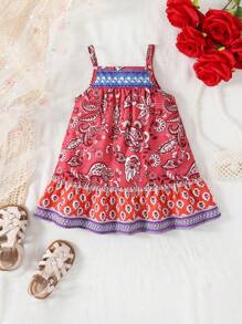 Vestito da bambina/neonata senza maniche 2025, nuovo vestito estivo rosso con stampa floreale retrò per vacanze