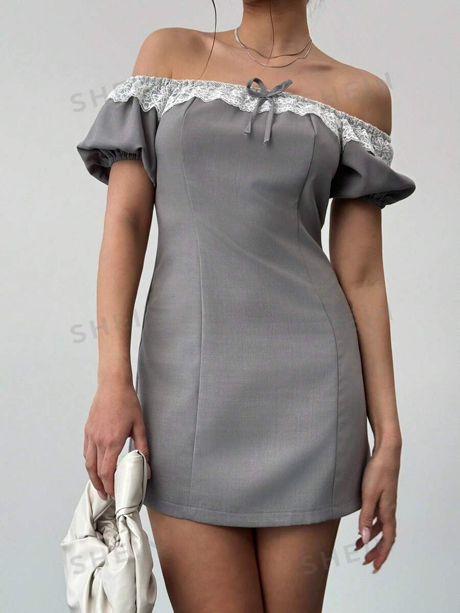 Aloruh Nuevo vestido ajustado y ceñido de estilo minimalista y universitario con hombros descubiertos, encaje, manga farol y mini falda, color gris
