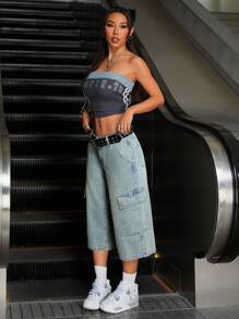 SHEIN ICON Quần Jeans Cargo Dài 3/4 Phong Cách Đường Phố Kiểu Mỹ Cho Nữ - Màu xanh lam - Xem 5