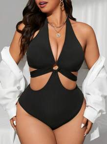 Swim SXY Bộ đồ bơi liền thân hở lưng màu trơn cỡ lớn, hở lưng, dây mảnh, dành cho bãi biển mùa hè - màu đen - Xem 4