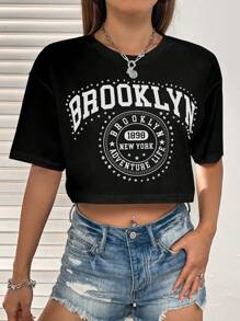 SHEIN Unity Letter Graphic Drop Shoulder Tee Graphic Tees Women Tops - Black - View 3