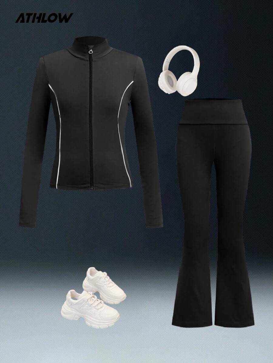 Sparklyn 青少年女孩户外瑜伽运动弹力舒适自由骑行网球健身房徒步露营运动夹克和紧身裤喇叭裤两件套套装，海军蓝 - 黑色 - 查看 1