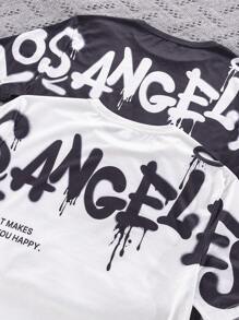 SHEIN 2 pezzi Magliette casual nere e bianche per ragazzi, stile da strada/punk/rock, adatte per primavera ed estate, feste, festival musicali, con stampa inglese a graffiti