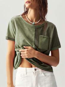 Bohemela Boho Vacation Casual Knit Color Block Round Neck Short Sleeve Loose T-Shirt For Women - Army Green - View 4
