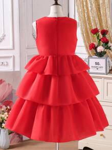 Tween Girls Multilayer Elegant Red Floral 3D Tutu Princess Dress, Suitable For Banquet - Red - View 2