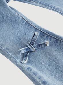 SHEIN Baby Girls' 2025 New Denim Flare Pants With Bow Accent - Light Wash - View 5