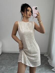 Chiquease 优雅香槟色亮片露背无袖短款上衣 A 字裙 - 香檳色 - 查看 6