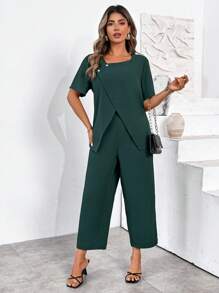 SHEIN LUNE Plus Size Elegant Solid Color Split Hem Short Sleeve Shirt Pants Set - Multicolor - View 3