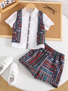 3 Stück/Set Retro Patchwork Geometrischer Muster Outfit für Kleine Jungen - Kurzarm Hemd, Weste und Shorts Set, geeignet für Kostüme von Jungen/Mädchen, Schulanfang, Geburtstag, Veranstaltung, Aufführung, Hochzeit, Frühlings-/Sommermode - Schwarz - Übersicht 3